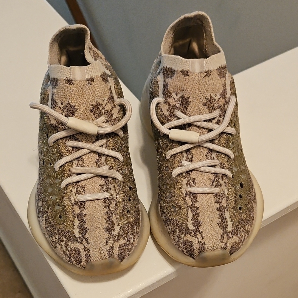 Adidas, Yeezy, Brown and Cream Sneakers with Snakeskin Print